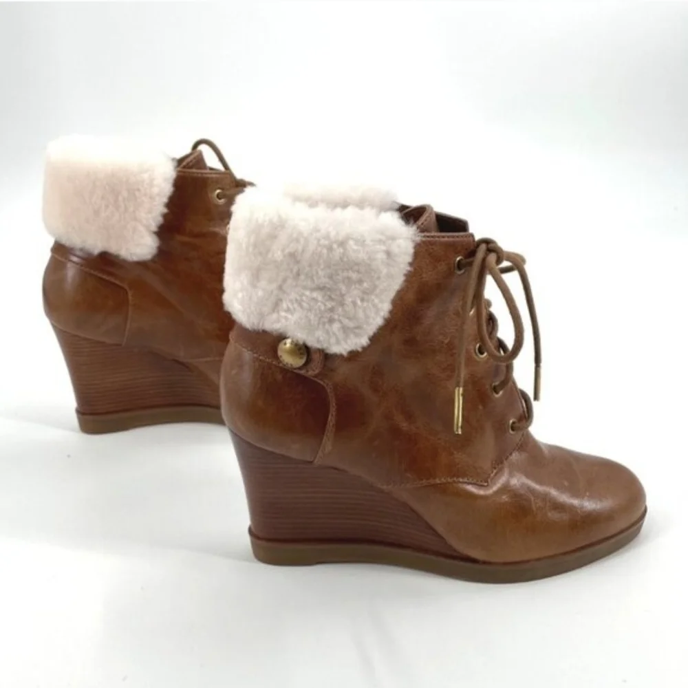 Michael Kors Fur Cuff Wedge Booties Women’s 9.5 Brown Leather Lace Up MK